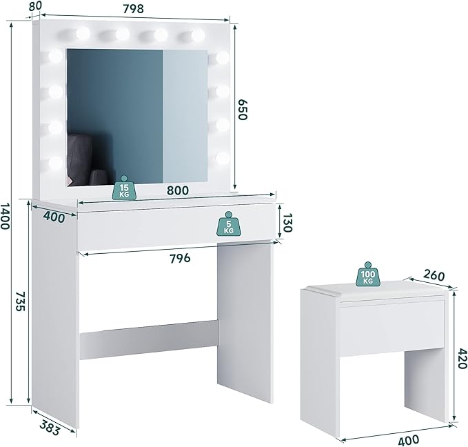 SONNI kaptafel, Make-uptafel met kruk en laden wit