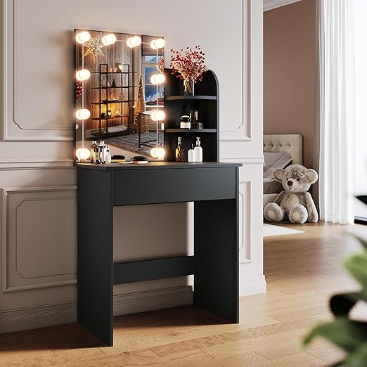 SONNI Make-uptafel klein met verlichting en spiegel, kaptafel met laden voor slaapkamer, 70x40x140cm zwart