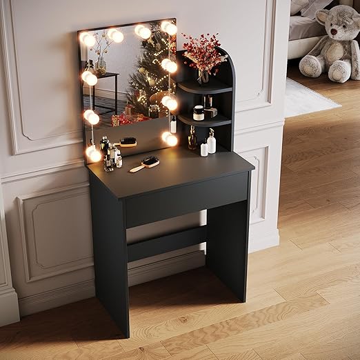SONNI Make-uptafel klein met verlichting en spiegel, kaptafel met laden voor slaapkamer, 70x40x140cm zwart