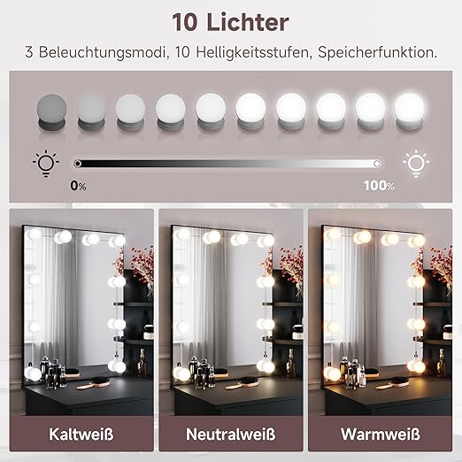 SONNI Make-uptafel klein met verlichting en spiegel, kaptafel met laden voor slaapkamer, 70x40x140cm zwart