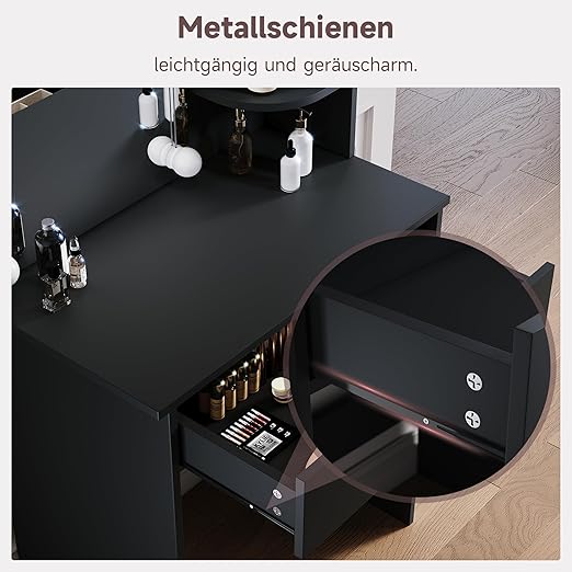 SONNI Make-uptafel klein met verlichting en spiegel, kaptafel met laden voor slaapkamer, 70x40x140cm zwart