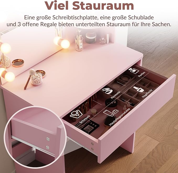 SONNI Kaptafel met led verlichting, roze, 70 x 40 x 140 cm