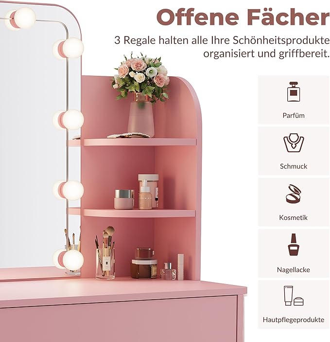 SONNI Kaptafel met led verlichting, roze, 70 x 40 x 140 cm