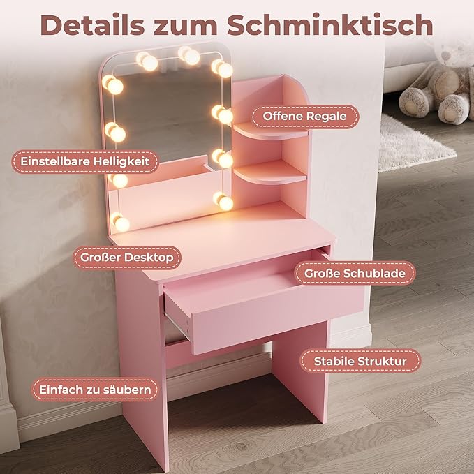 SONNI Kaptafel met led verlichting, roze, 70 x 40 x 140 cm
