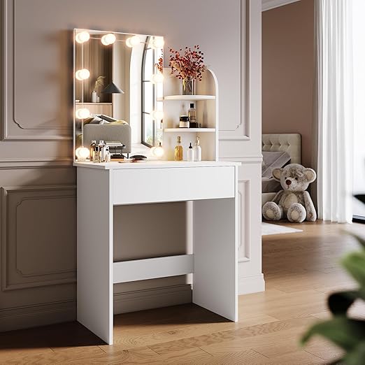 SONNI Make-uptafel klein met verlichting en spiegel, kaptafel met laden voor slaapkamer 70x40x140cm, wit