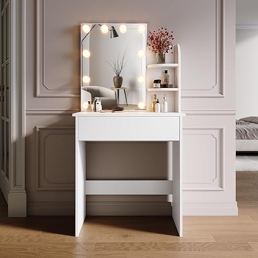 SONNI Make-uptafel klein met verlichting en spiegel, kaptafel met laden voor slaapkamer 70x40x140cm, wit