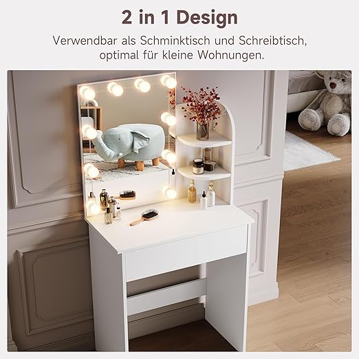 SONNI Make-uptafel klein met verlichting en spiegel, kaptafel met laden voor slaapkamer 70x40x140cm, wit