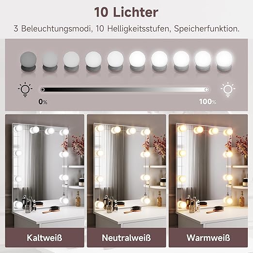SONNI Make-uptafel klein met verlichting en spiegel, kaptafel met laden voor slaapkamer 70x40x140cm, wit