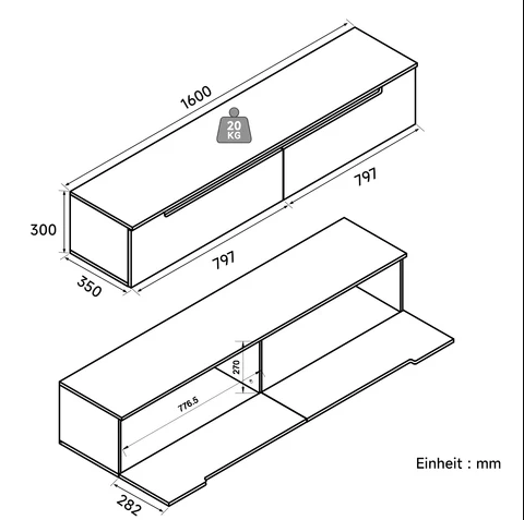 SONNI TV-meubel hangende televisietafel met LED-verlichting Wit