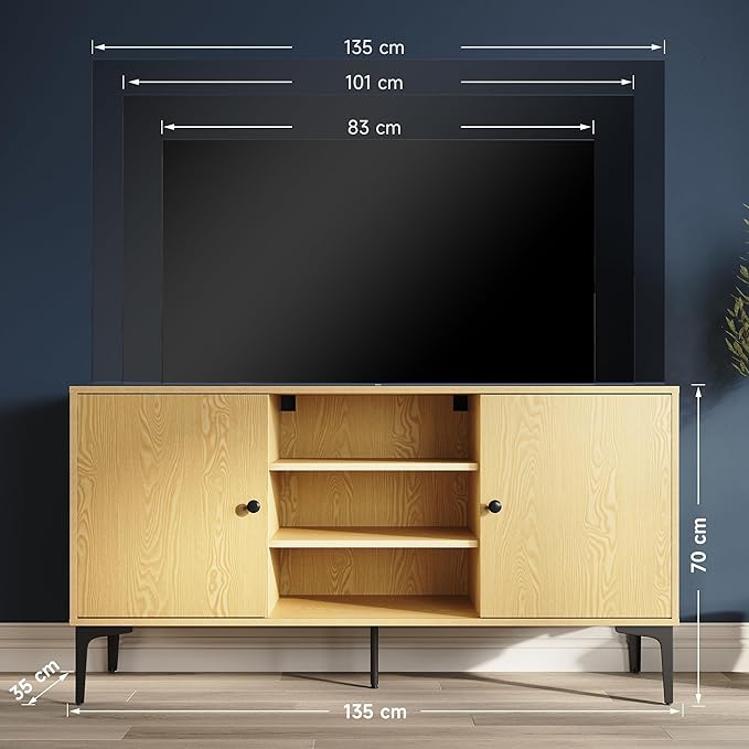 SONNI TV-meubel lowboard voor tv 60 inch met 2 kasten 135 x 35 x 70 cm, houtkleur