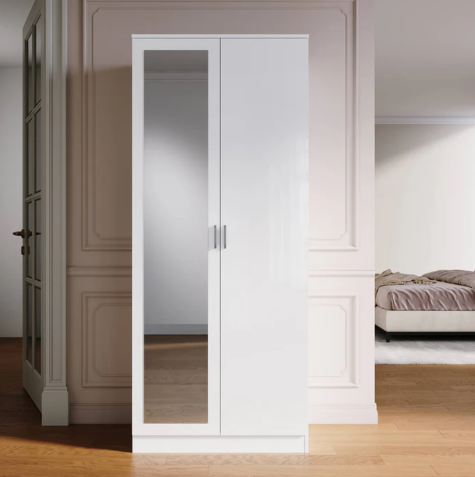 SONNI Moderne 2-deurs kledingkast met spiegeldeur, kleine tot middelgrote kledingkast wit