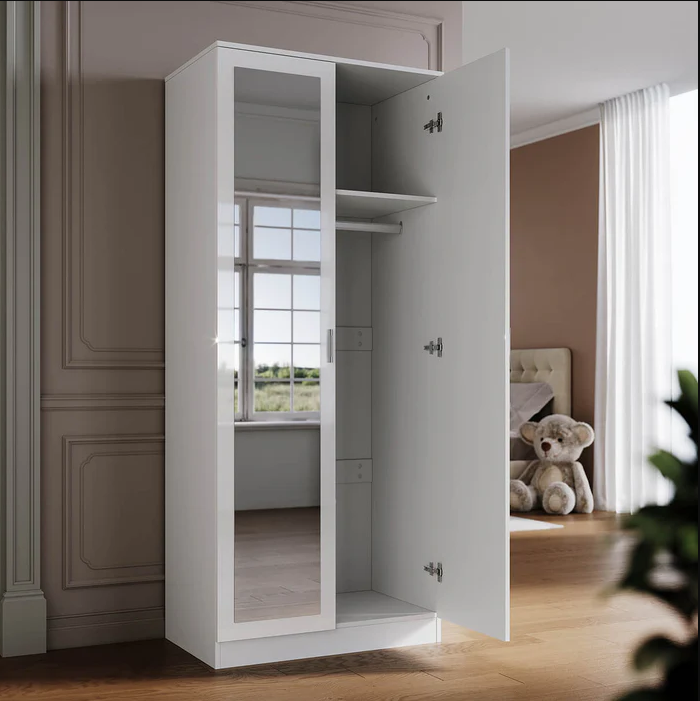 SONNI Moderne 2-deurs kledingkast met spiegeldeur, kleine tot middelgrote kledingkast wit