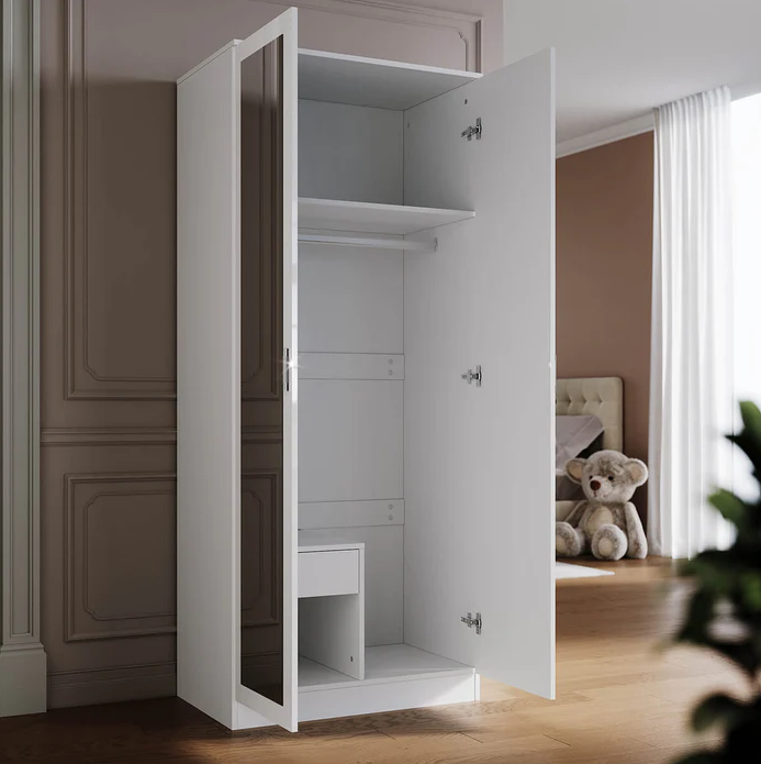 SONNI Moderne 2-deurs kledingkast met spiegeldeur, kleine tot middelgrote kledingkast wit