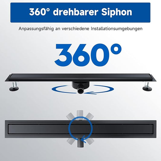 SONNI Black douchegoot zwart met geurstop en haarzeef 60cm roestvrij staal