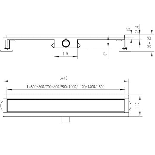 SONNI Dubbelzijdige douchegoot 70 cm complete set platte bodem met geurstop en filter, RVS