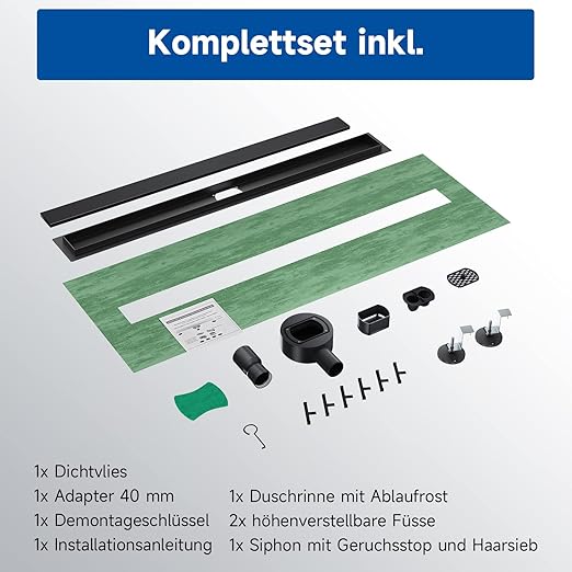 SONNI Douchegoot 90 cm complete set zwart met sifon en filter, RVS