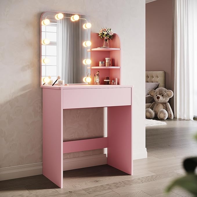 SONNI Kaptafel met led verlichting, roze, 70 x 40 x 140 cm