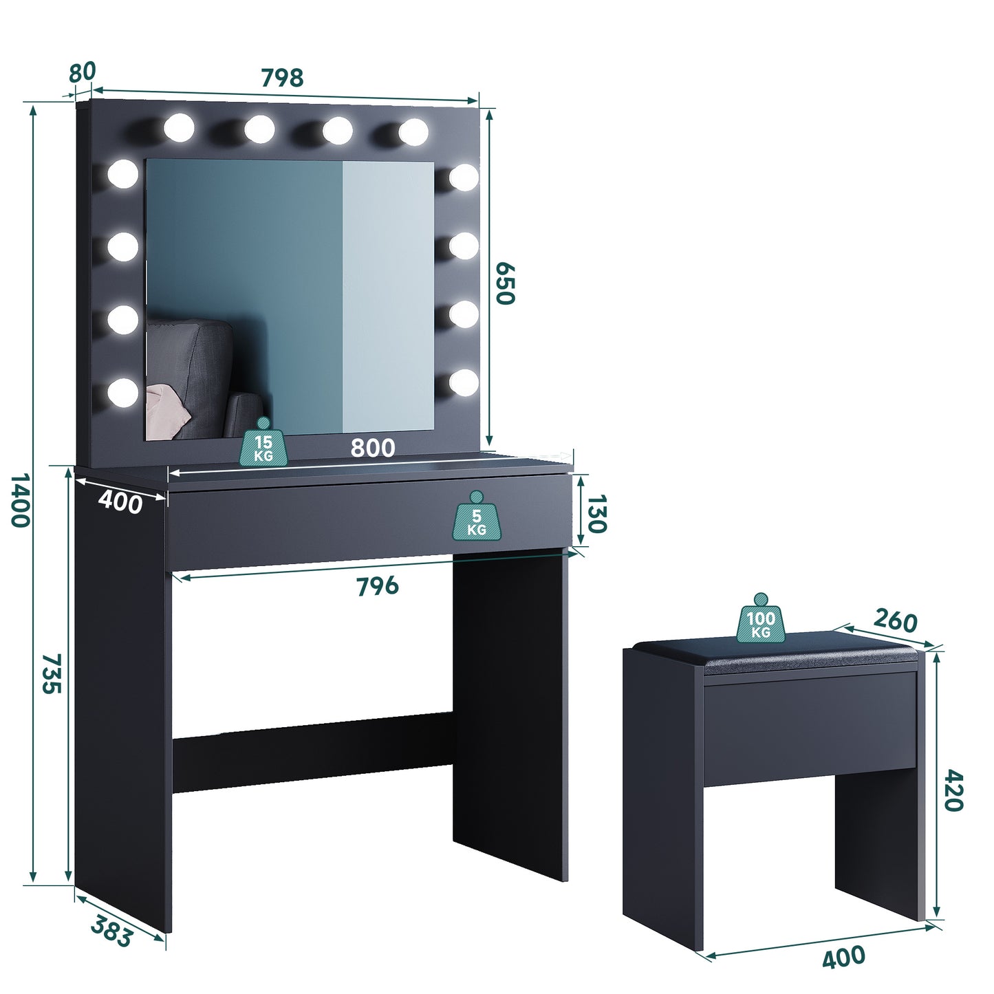 SONNI Make-uptafel met kruk, kaptafel met schuifladen voor slaapkamer, zwart