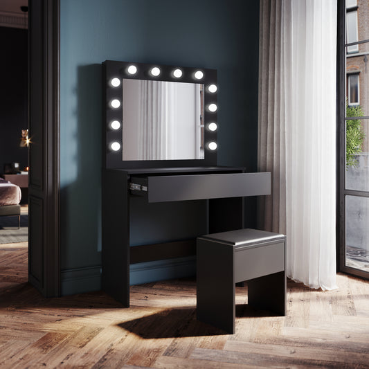 SONNI Make-uptafel met kruk, kaptafel met schuifladen voor slaapkamer, zwart