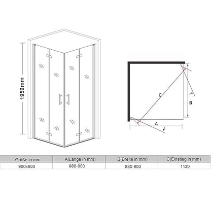 SONNI Douchecabine 90 x 90 cm vouwdeur hoekinstap vouwdouche, 6mm NANO glas, hoogte 195 cm