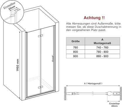 SONNI Douchedeur 76 x 195 cm Vouwdeur 6 mm veiligheidsglas anti kalk - chroom