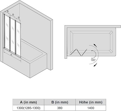 SONNI  3 delige badklapwand 130 x 140 cm 4 mm nano helder glas