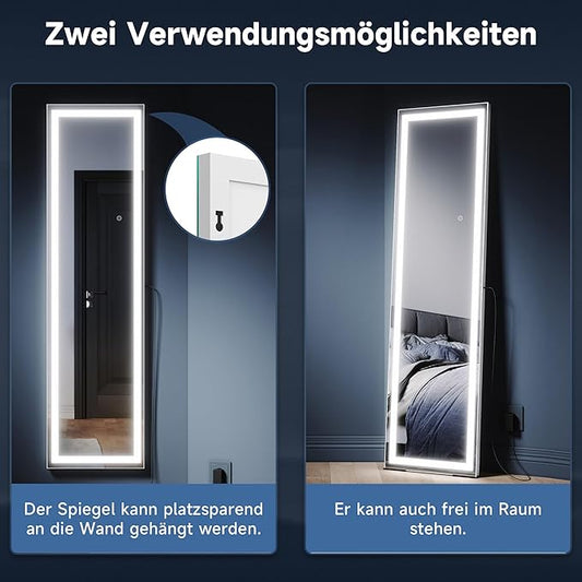 SONNI staande spiegel met aanraakschakelaar, grote dimbare staande make-upspiegel 150 x 40 cm