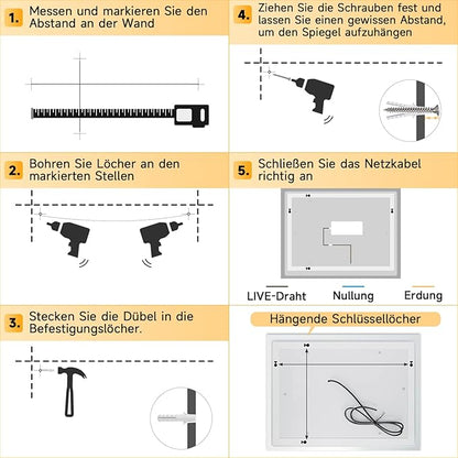 SONNI Badkamer spiegel met ledverlichting, 80 x 60 cm, warmwit