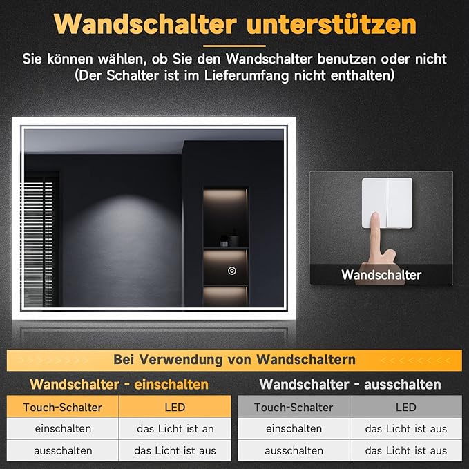 SONNI Badkamerspiegel met verlichting, condensvrij 70x50/80x60/100x60cm