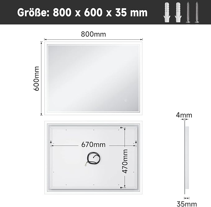 SONNI Badkamerspiegel met verlichting, condensvrij 70x50/80x60/100x60cm