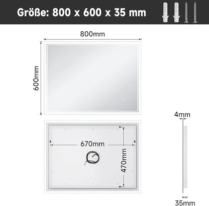 SONNI Badkamerspiegel met verlichting, condensvrij 70x50/80x60/100x60cm