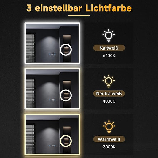 SONNI 80 x 60 cm Badkamer spiegel met verlichting, anti-condens, met 3 lichtkleuren, dimbaar