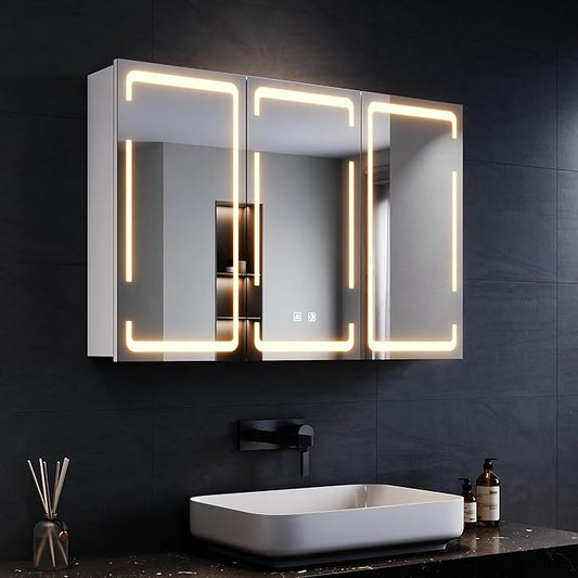SONNI 90 x 60 cm spiegelkast met verlichting en condensvrij, 3-deurs