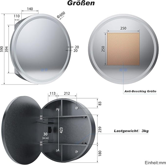 SONNI 60 cm Rond Badkamer Spiegelkast met verlichting, 3 instelbare lichtkleuren, condensvrij
