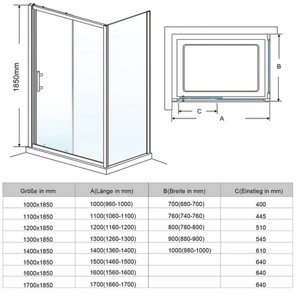 SONNI Douchecabine schuifdeur met zijwand 100-170cm hoogte 185cm