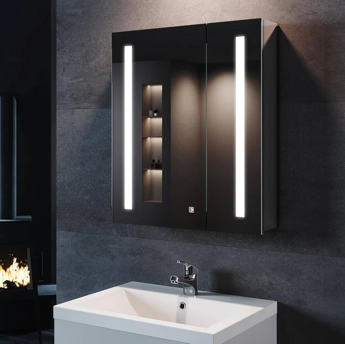 SONNI Spiegelkast 60 × 70 cm met verlichting 2 deuren schakelaar en stopcontact
