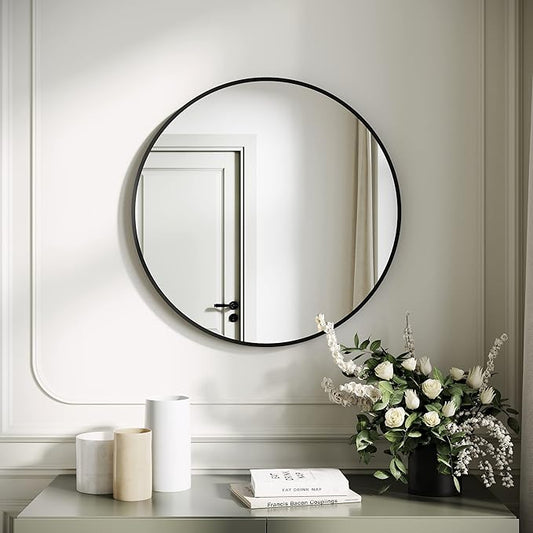 SONNI Badkamerspiegel - rond - diameter 60cm-zwart aluminium frame-wandmontage-make-upspiegel met HD-glas