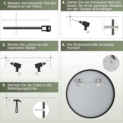 SONNI Badkamerspiegel - rond - diameter 60cm-zwart aluminium frame-wandmontage-make-upspiegel met HD-glas
