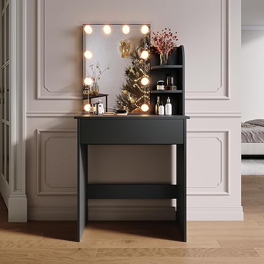 SONNI Make-uptafel klein met verlichting en spiegel, kaptafel met laden voor slaapkamer, 70x40x140cm zwart
