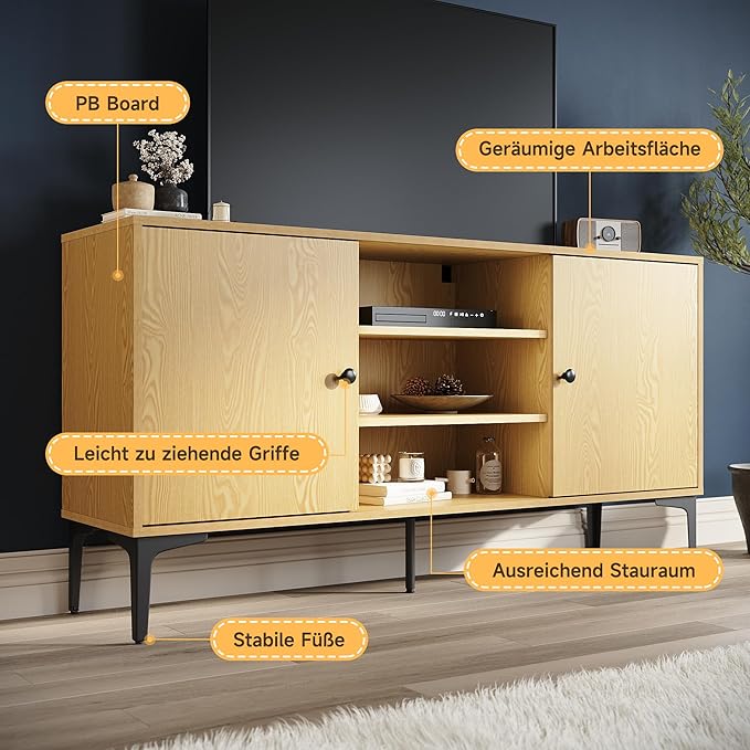 SONNI TV-meubel lowboard voor tv 60 inch met 2 kasten 135 x 35 x 70 cm, houtkleur