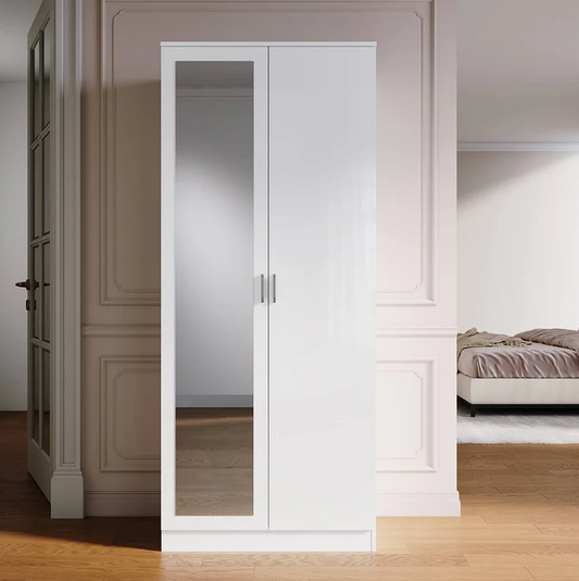 SONNI Moderne 2-deurs kledingkast met spiegeldeur, kleine tot middelgrote kledingkast wit