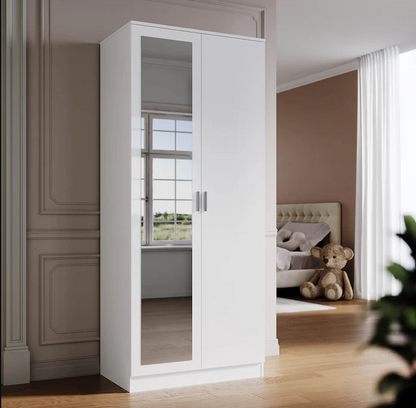 SONNI Moderne 2-deurs kledingkast met spiegeldeur, kleine tot middelgrote kledingkast wit