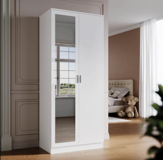 SONNI Moderne 2-deurs kledingkast met spiegeldeur, kleine tot middelgrote kledingkast wit
