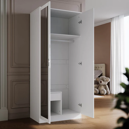 SONNI Moderne 2-deurs kledingkast met spiegeldeur, kleine tot middelgrote kledingkast wit