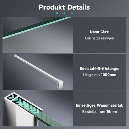 SONNI Walk-In inloopdouche breedte 80-160cm helder glas chroom profielen