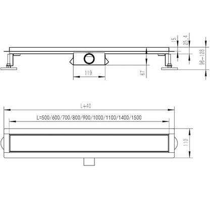 SONNI Dubbelzijdige douchegoot 70 cm complete set platte bodem met geurstop en filter, RVS