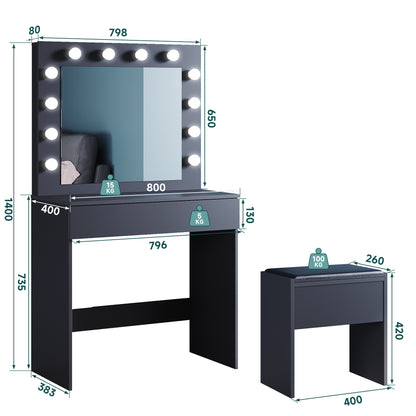 SONNI Make-uptafel met kruk, kaptafel met schuifladen voor slaapkamer, zwart